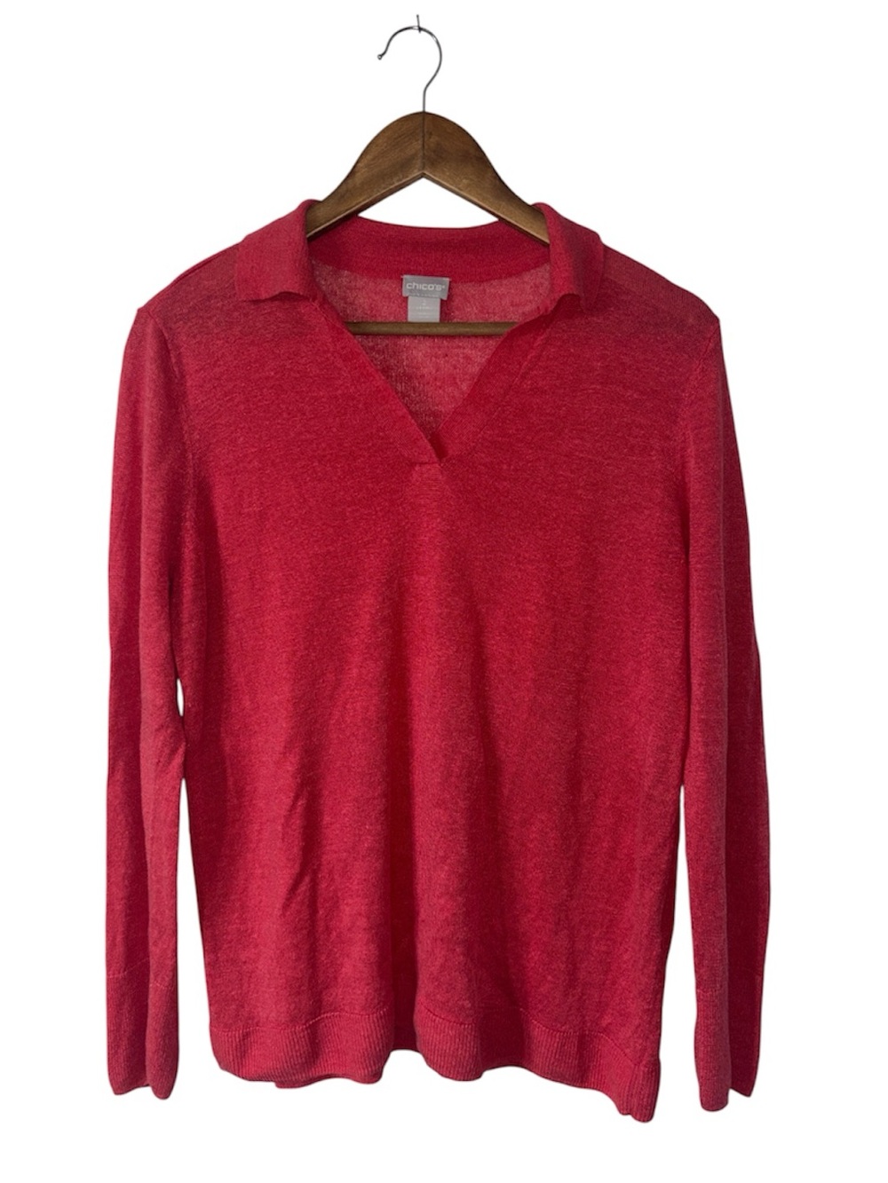 Chico’s Linen Blend Red Collar Sweater Top Long Sleeve Tunic Size Large 2